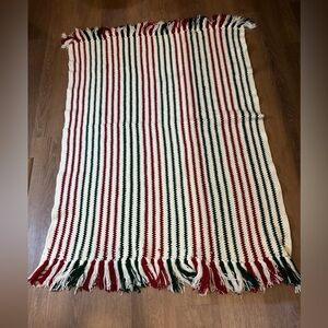 Handmade Crochet Afghan Blanket 65x44 Red Green Cream Ribbon Candy Throw